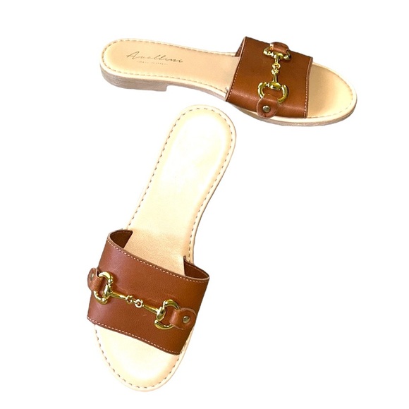 Avellini Italy Cognac Brown Faux Leather Gold Chain Bit Sandals Slides - 6.5 - Picture 6 of 15